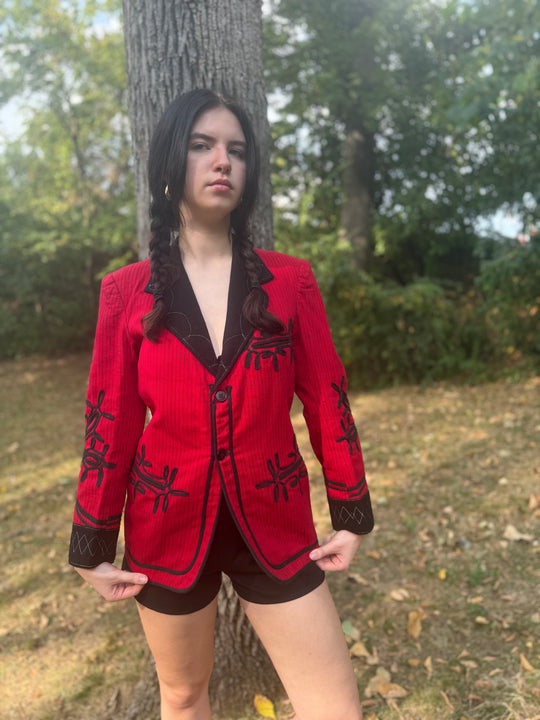Vintage Red Black Pinstriped Blazer, Custom Made