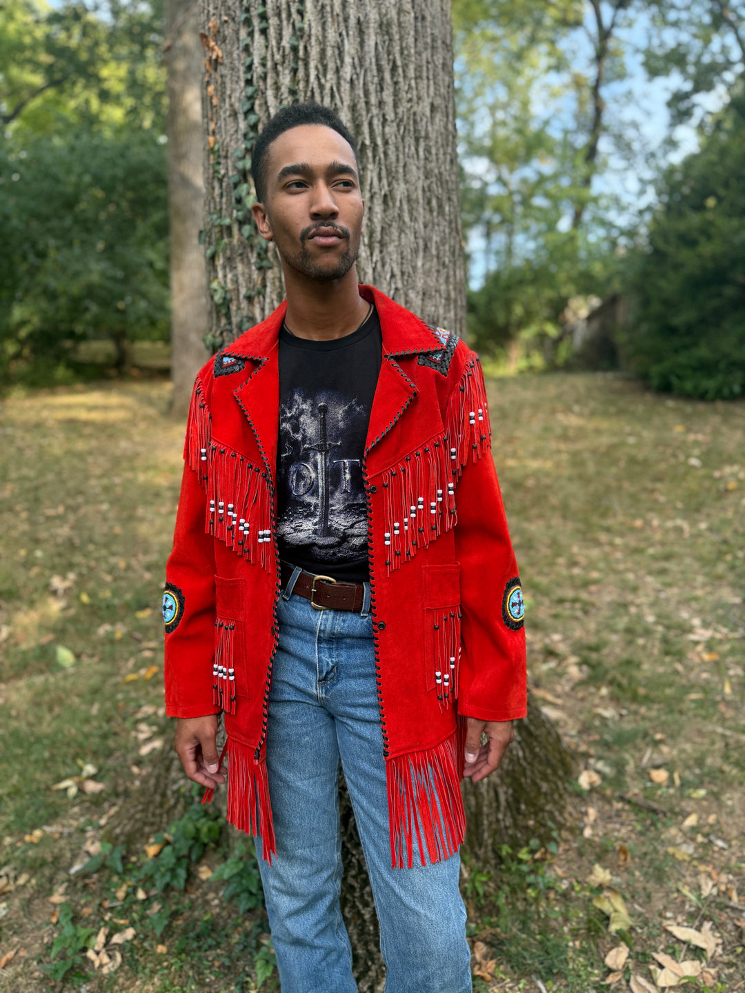Red Western Suede Coat with Beading and Fringe, Sema Leathers