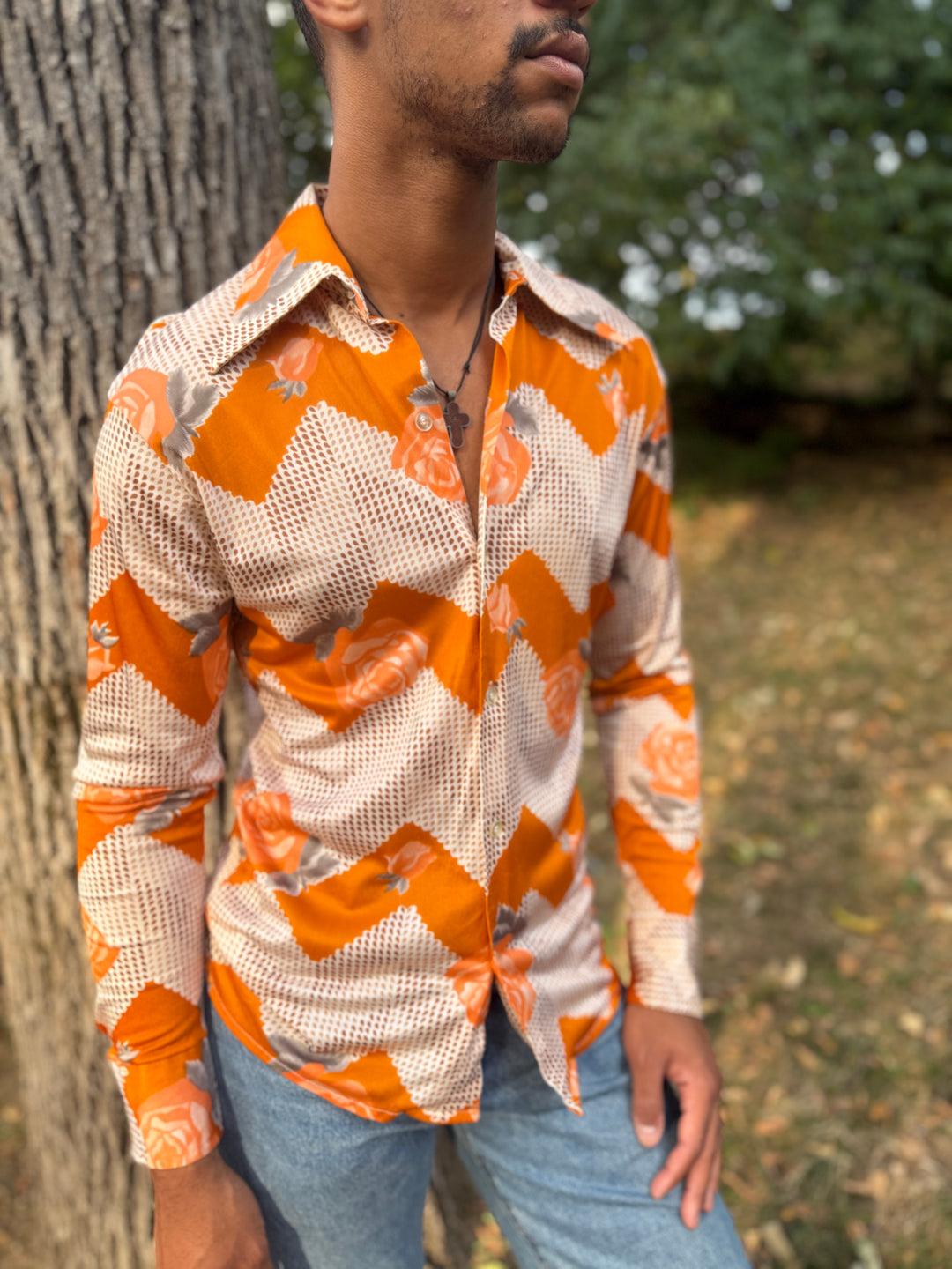 Mens 70s Orange Gray Floral Nylon Disco Shirt