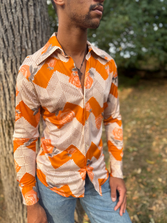 Mens 70s Orange Gray Floral Nylon Disco Shirt