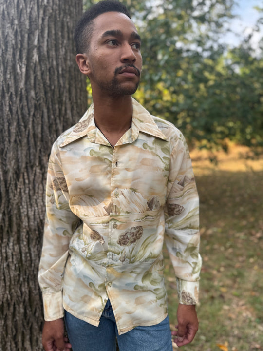 70s Tan Outdoor Theme Polyester Disco Shirt, h.i.s.
