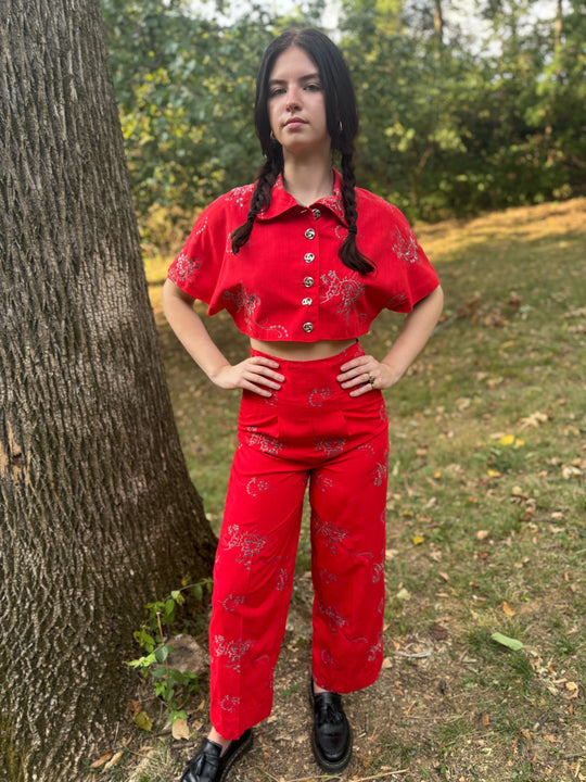 Red Silver Cotton Floral Embroidred Pantsuit