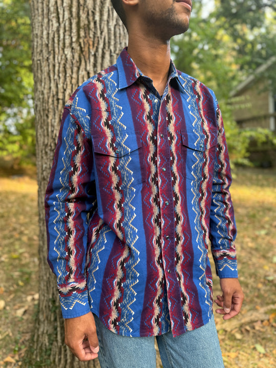 Mens Blue Red Black Southwest Brushpopper Western Shirt, Wrangler