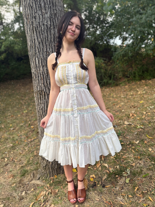 70s Off White Sundress, Pastel Trim, Gunne Sax