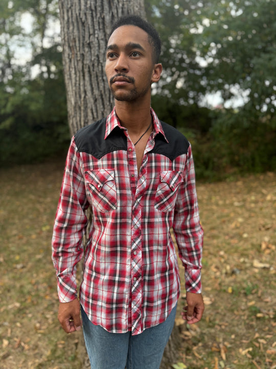 Men's Red Plaid Western Shirt with Black Yoke, Shepler's