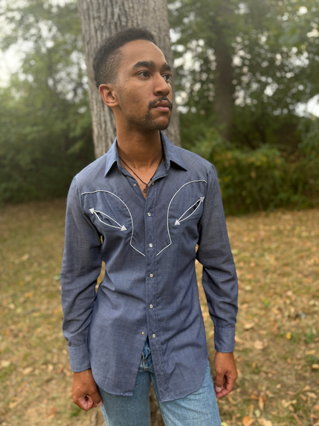 Men's Blue White Grid Pattern Western Shirt Sergio Valente
