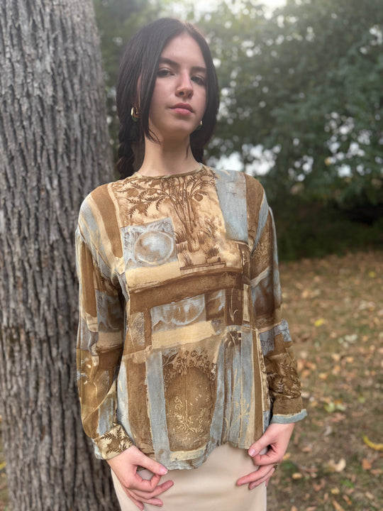 Ladies 80s Brown Gray Silk Crepe Pastel Print Long Sleeved Top, Jax