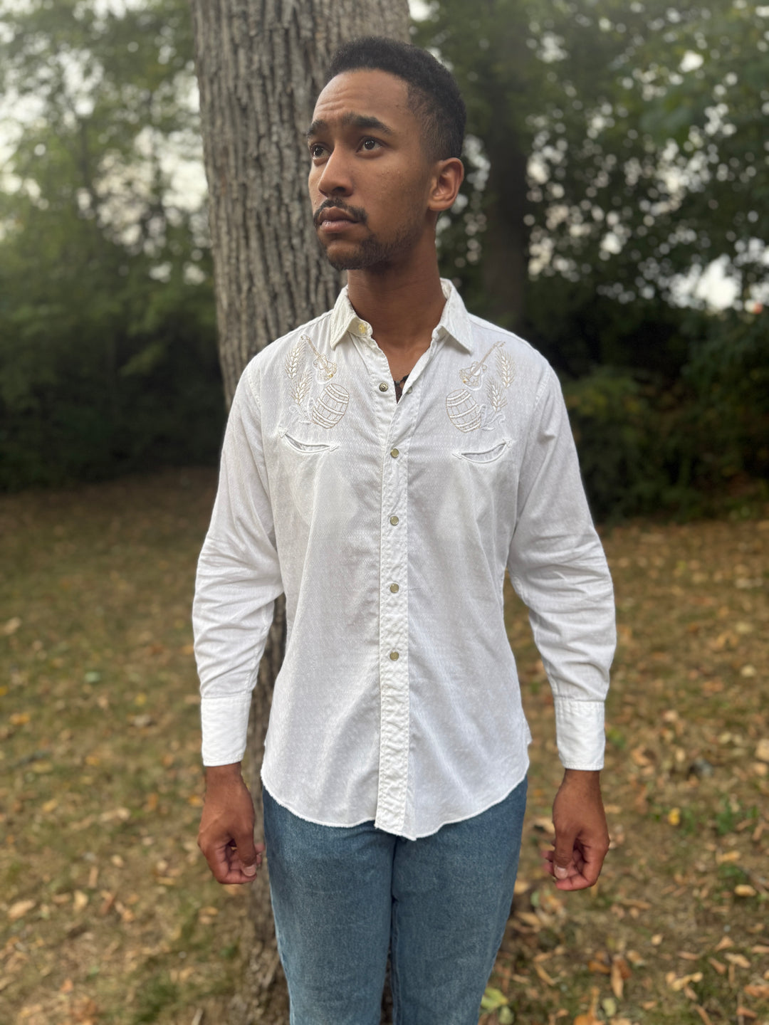 Men's White Diamond Embossed Long Sleeved Western Shirt, H Bar C