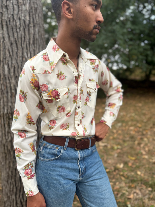 Men's 70s Ivory Floral Polyester Western Shirt Wrangler