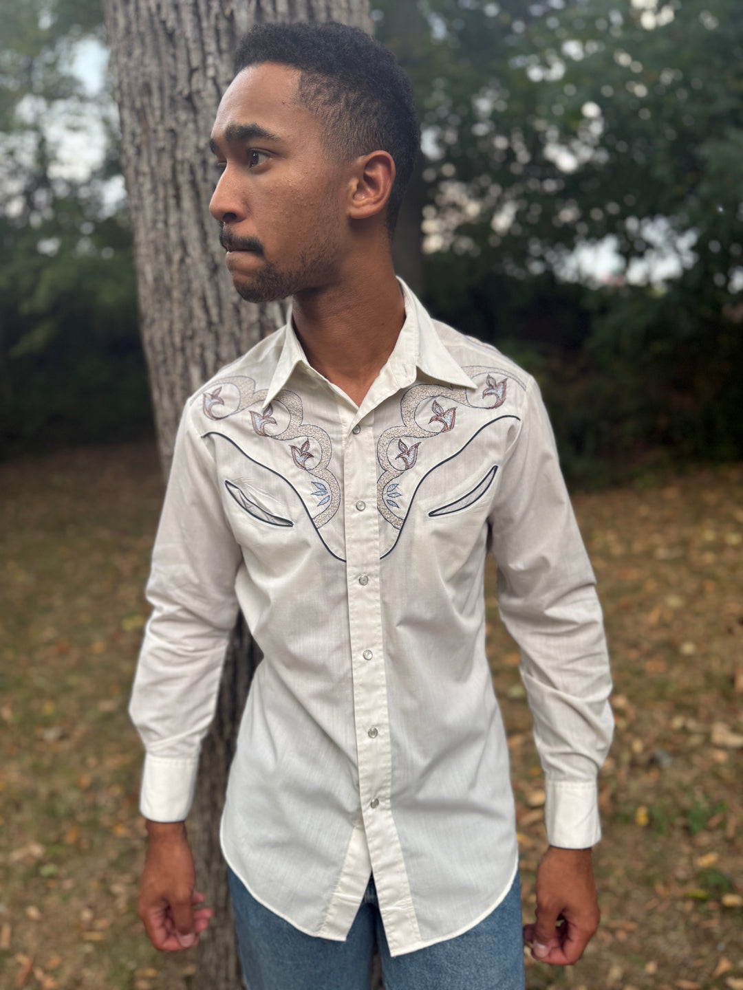Men's 70s Ivory Western Shirt, Embroidered Yoke, Rocking K Ranchwear by Kennington