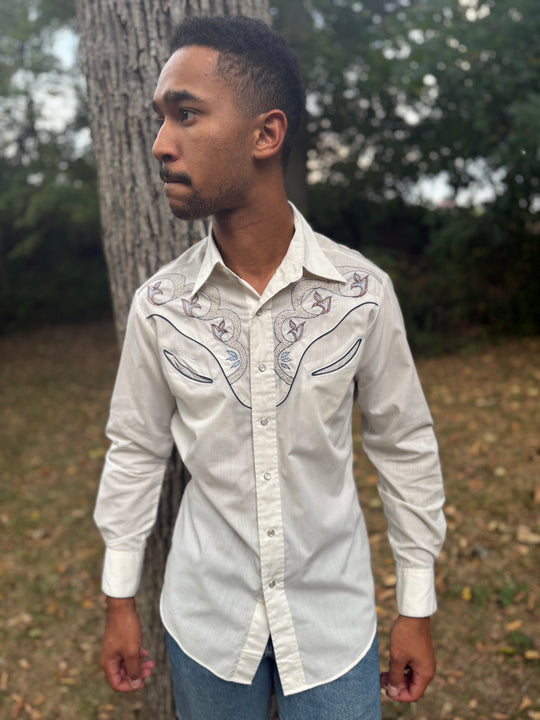 Men's 70s Ivory Western Shirt, Embroidered Yoke, Rocking K Ranchwear by Kennington