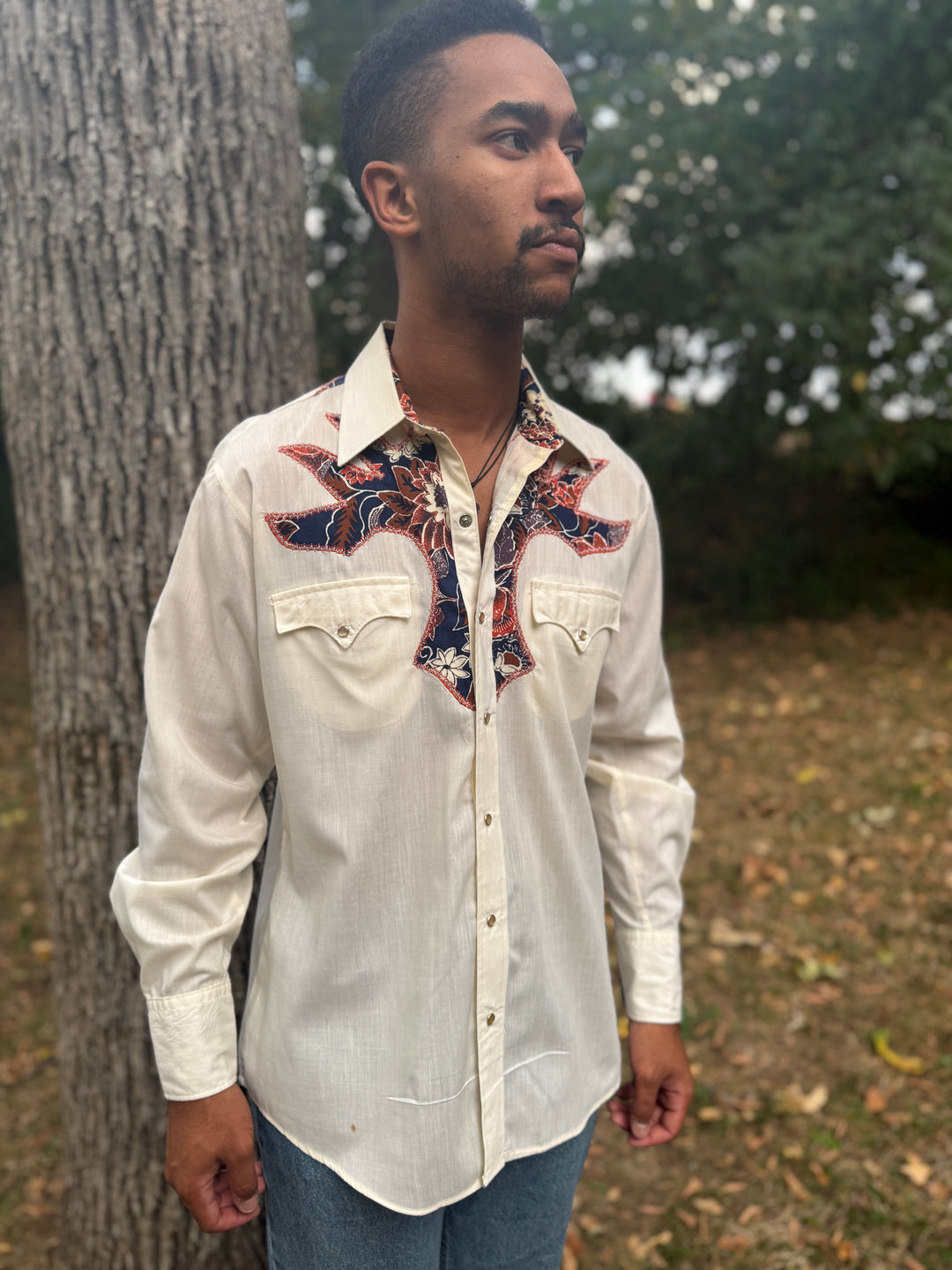 Men's Creme Long Sleeved Western Shirt Blue Brown Floral Yoke, Kenny Rogers