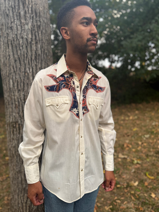 Men's Creme Long Sleeved Western Shirt Blue Brown Floral Yoke, Kenny Rogers