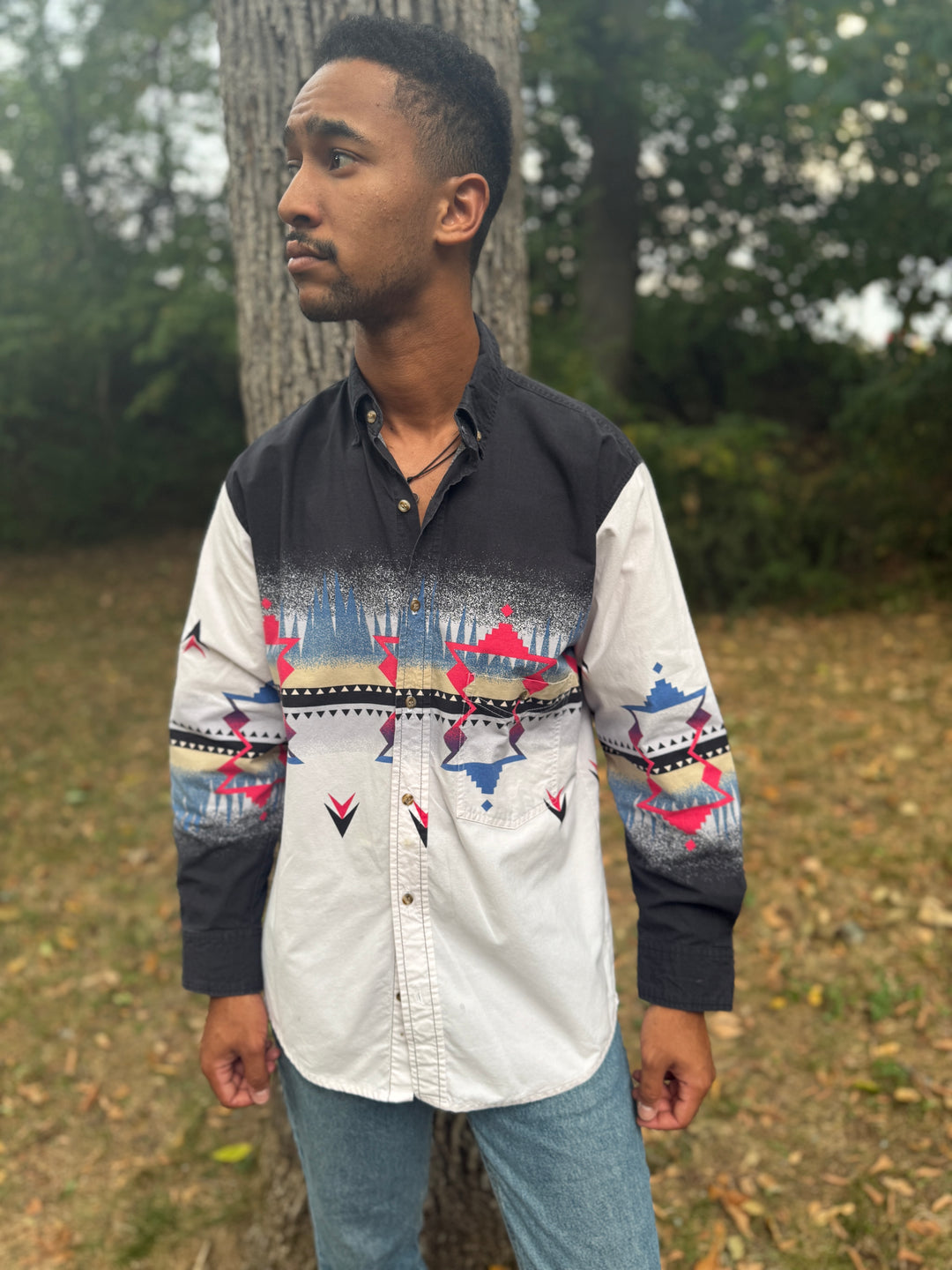 Men's Black Blue White Abstract Western Shirt, Express Rider