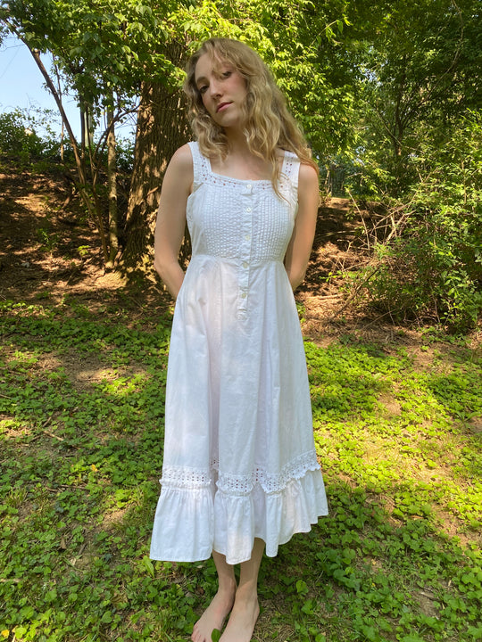 Vintage White Cotton Chemise Dress, Eyelet Detailing