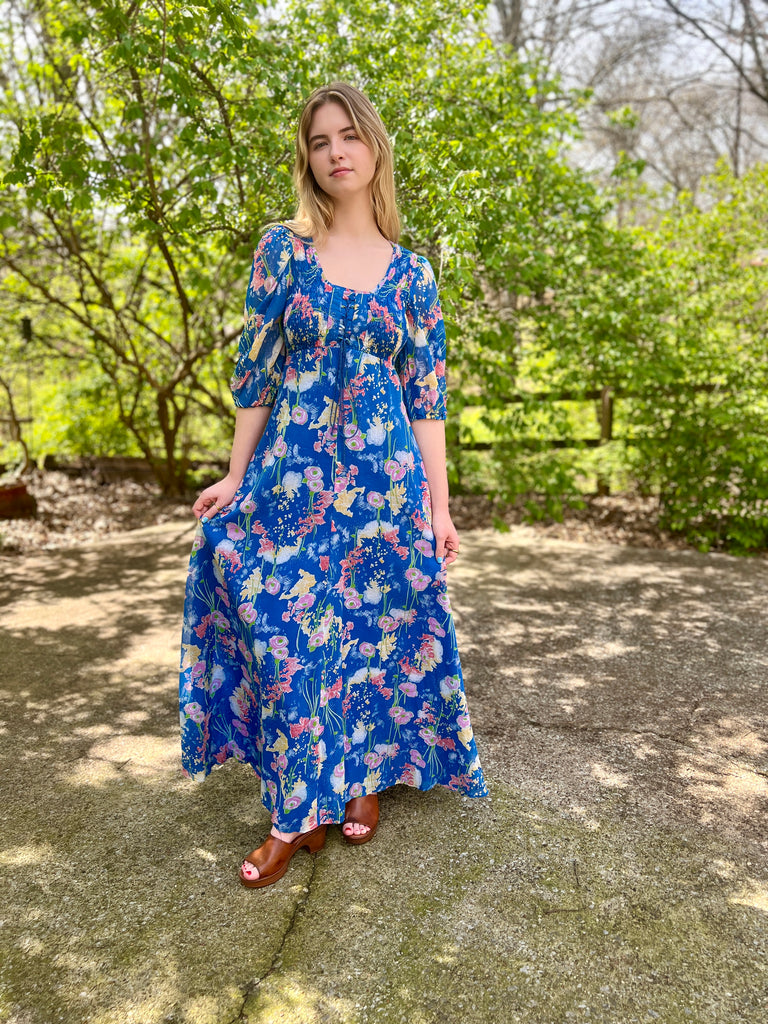 70s Blue Pink Floral Vintage Maxi Dress, Jody T of California