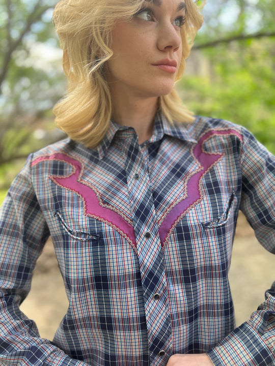 80s Ladies Blue Plaid Vintage Western Shirt, Tem Tex