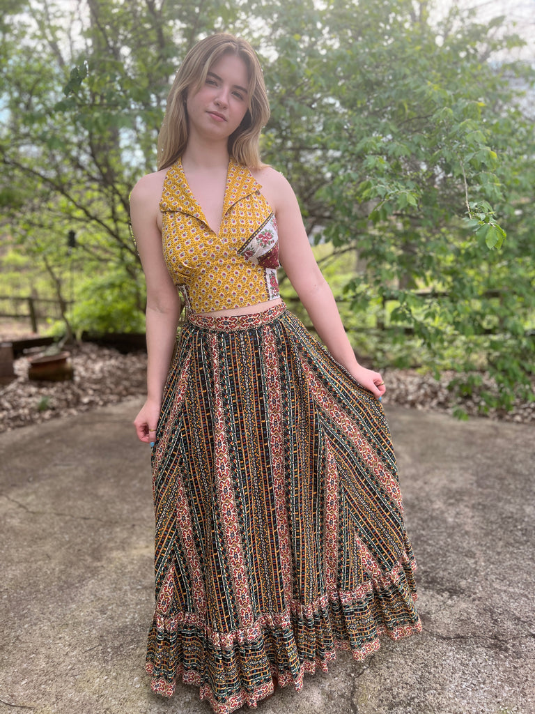 70s Black Gold Red Southwestern Print Cotton Vintage Maxi