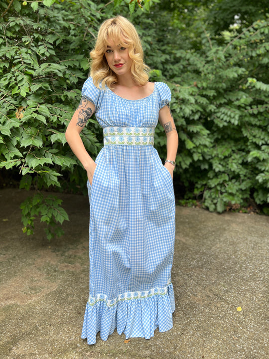 Ladies 70s Blue White Gingham Maxi Dress, Yoked Waist, Lillie Ruben