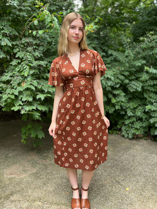 Ladies 70s Brown Floral and Stamp Print Dress, Young Innocent