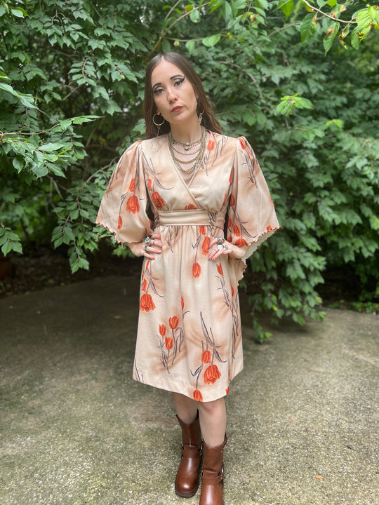 70s Brown Floral Nylon Dress, Angel Wing Sleeves