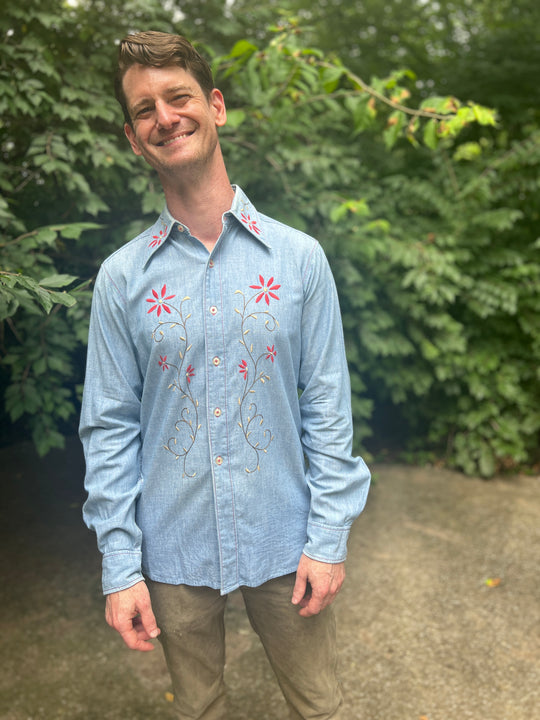 Men's 70s Chambray Shirt, Red Floral Embroidery