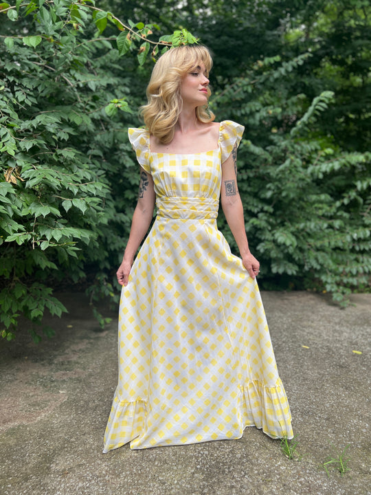 Ladies 70s Yellow & White Gingham Swiss Dot Maxi Dress