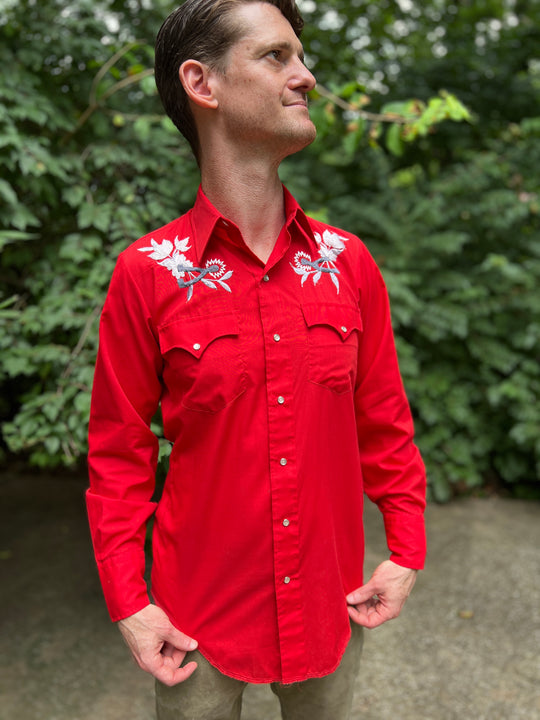 80s Red Western Shirt with Embroidered Flowers by Chute #1