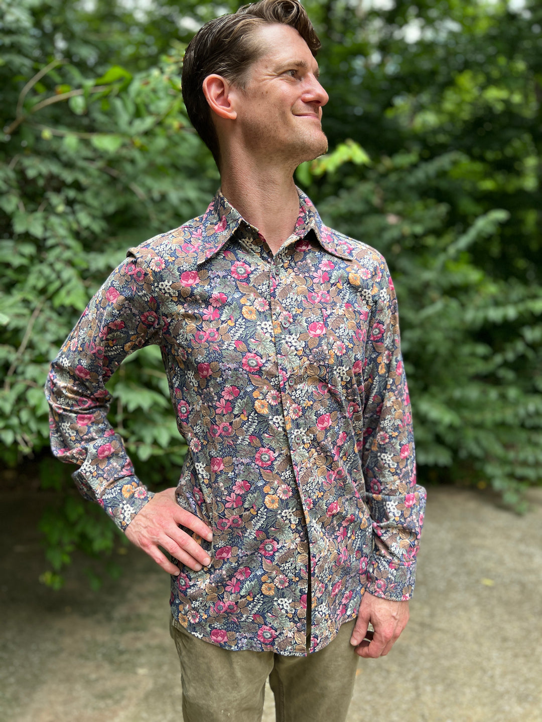 Men's 70s Pink Brown Floral cotton Disco Shirt