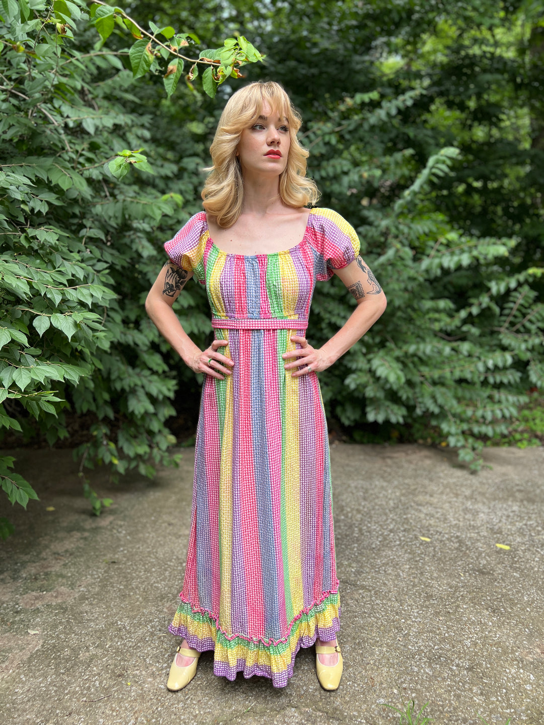 70s Vintage Rainbow Gingham Cotton Peasant-style Maxi Dress, Beverly Paige