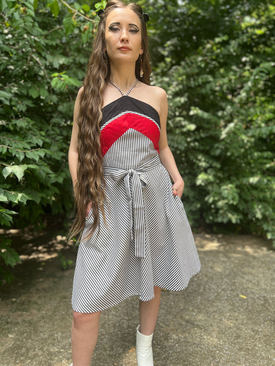 80s Black Red White Striped Halter Dress made by Ibiza