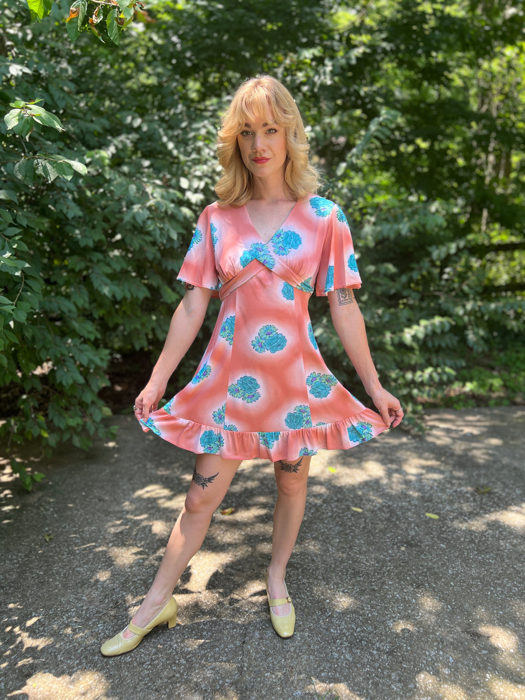 70s Salmon Blue Floral Nylon Mini Dress