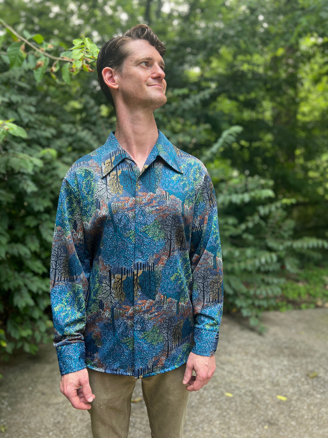 Mens Vintage 70s Disco Shirt with Forest Print, Jantzen 100 Mens Vintage 70s Disco Shirt with Forest Print, Jantzen 100
