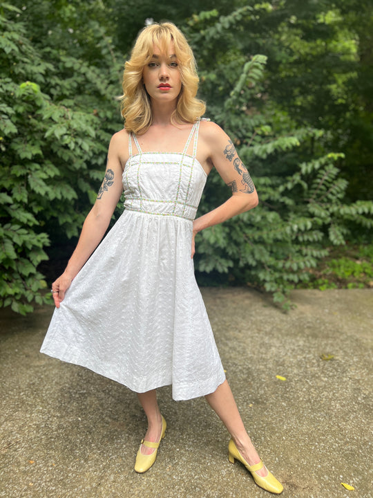 70s White Eyelet Cotton Sundress, Phase II