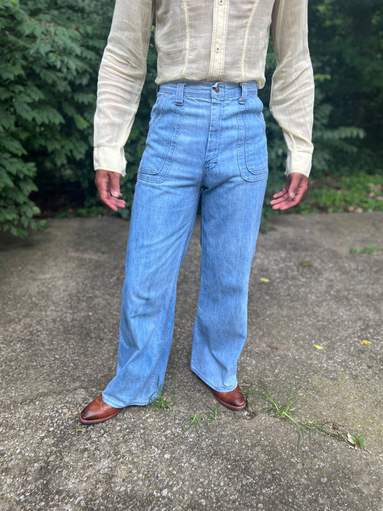 Men's 70s Light Wash Denim Vintage Bell Bottom Jeans, Time and Time Again