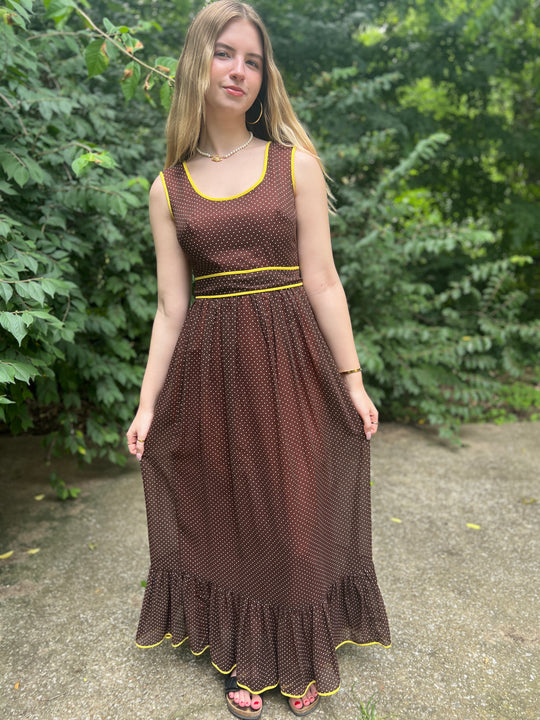 Ladies 70s Brown Yellow Swiss Dot Maxi Dress, Miss Elliette