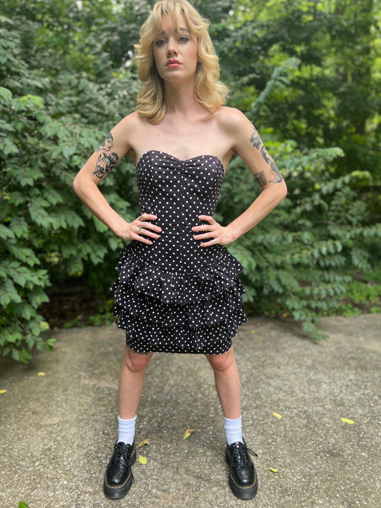 80s Black White Polka Dot Strapless Dress, All That Jazz