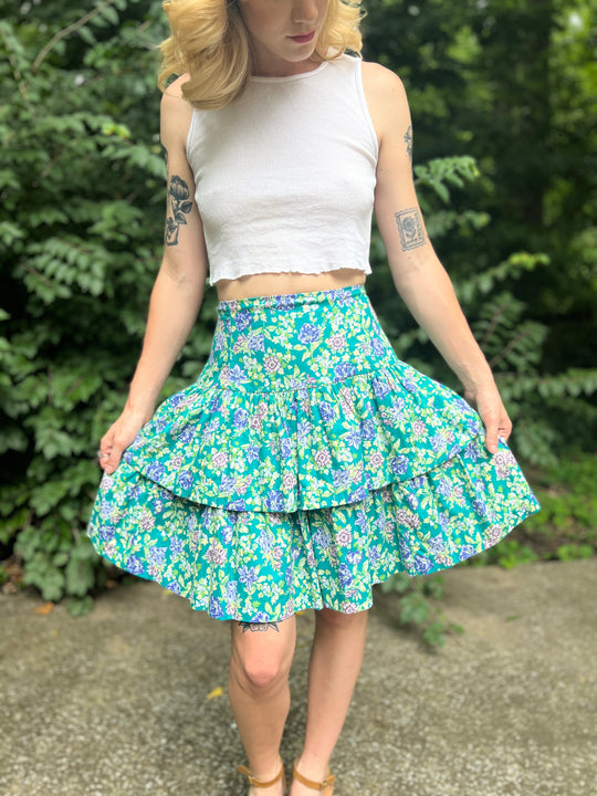 80s Turquoise Purple Floral Tiered Ruffle Mini Skirt, Laura Ashley