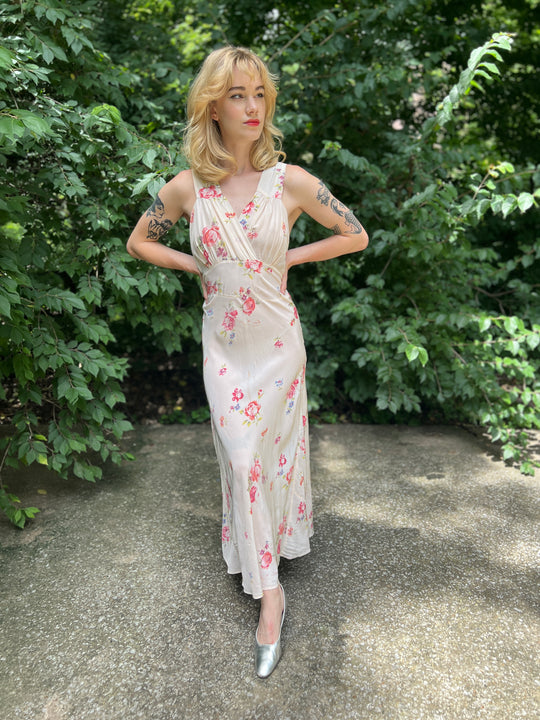 Vintage Cream Floral Bias Cut Dress Gown