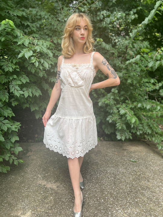 White Cotton Vintage Slip Dress, Eyelet and  Lace Trim