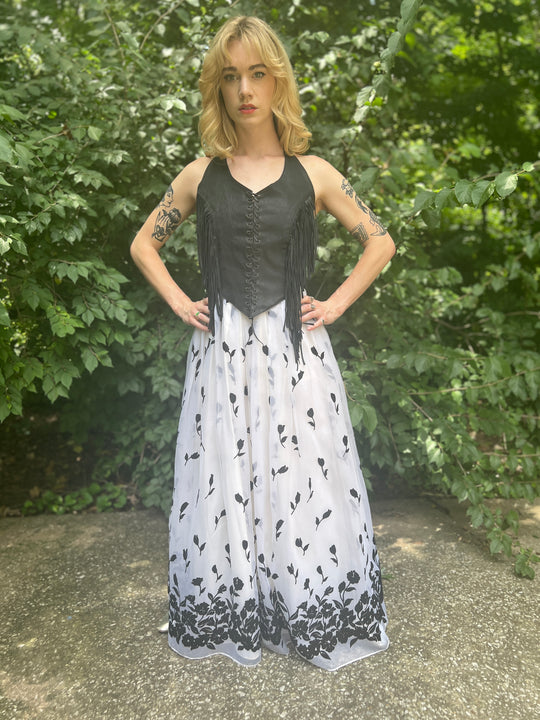 80s White Maxi Skirt, Black Floral flocking, Roberta