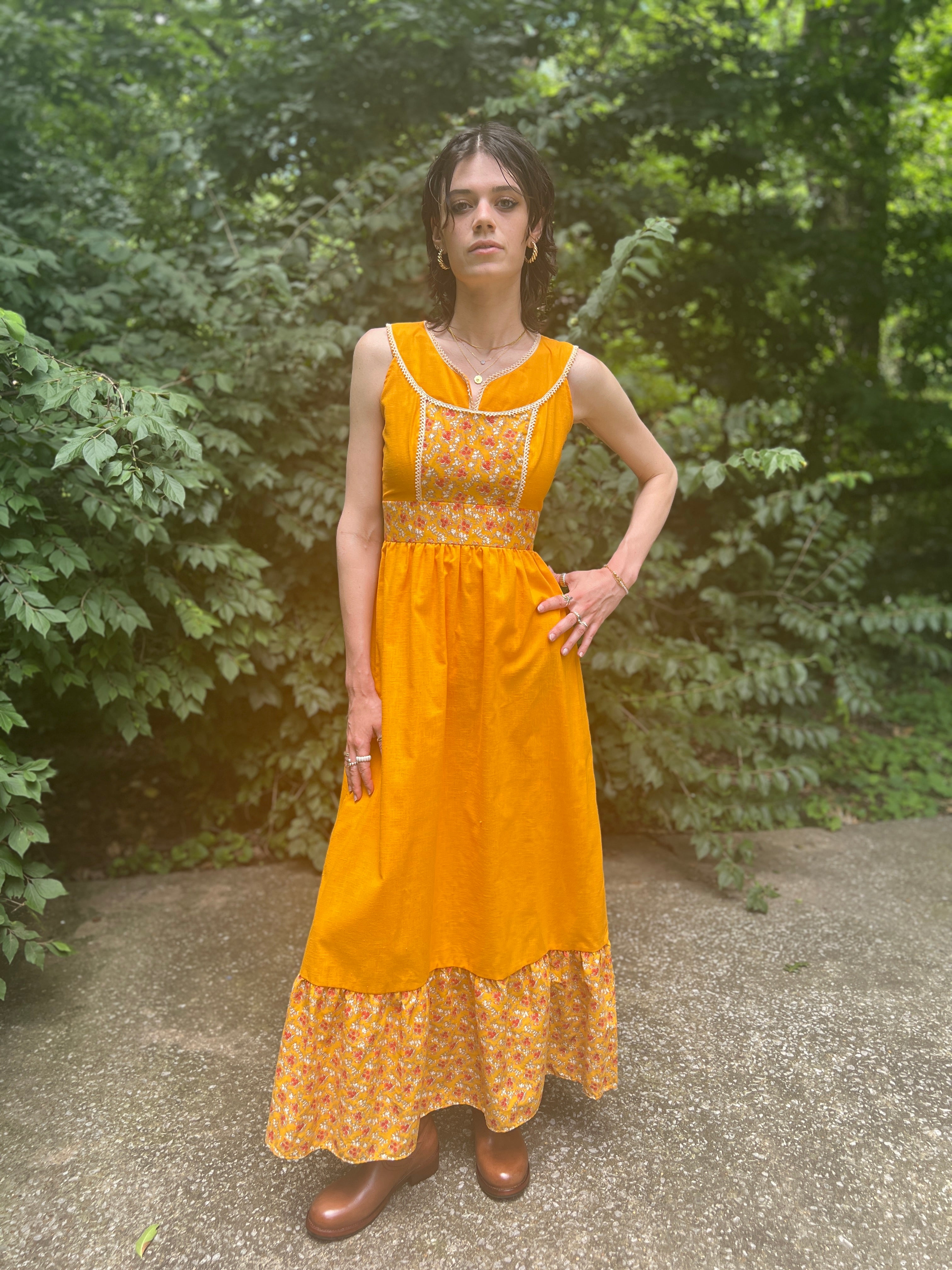 Small | 1970's Vintage good Yellow and Orange Floral Chiffon Maxi Dress