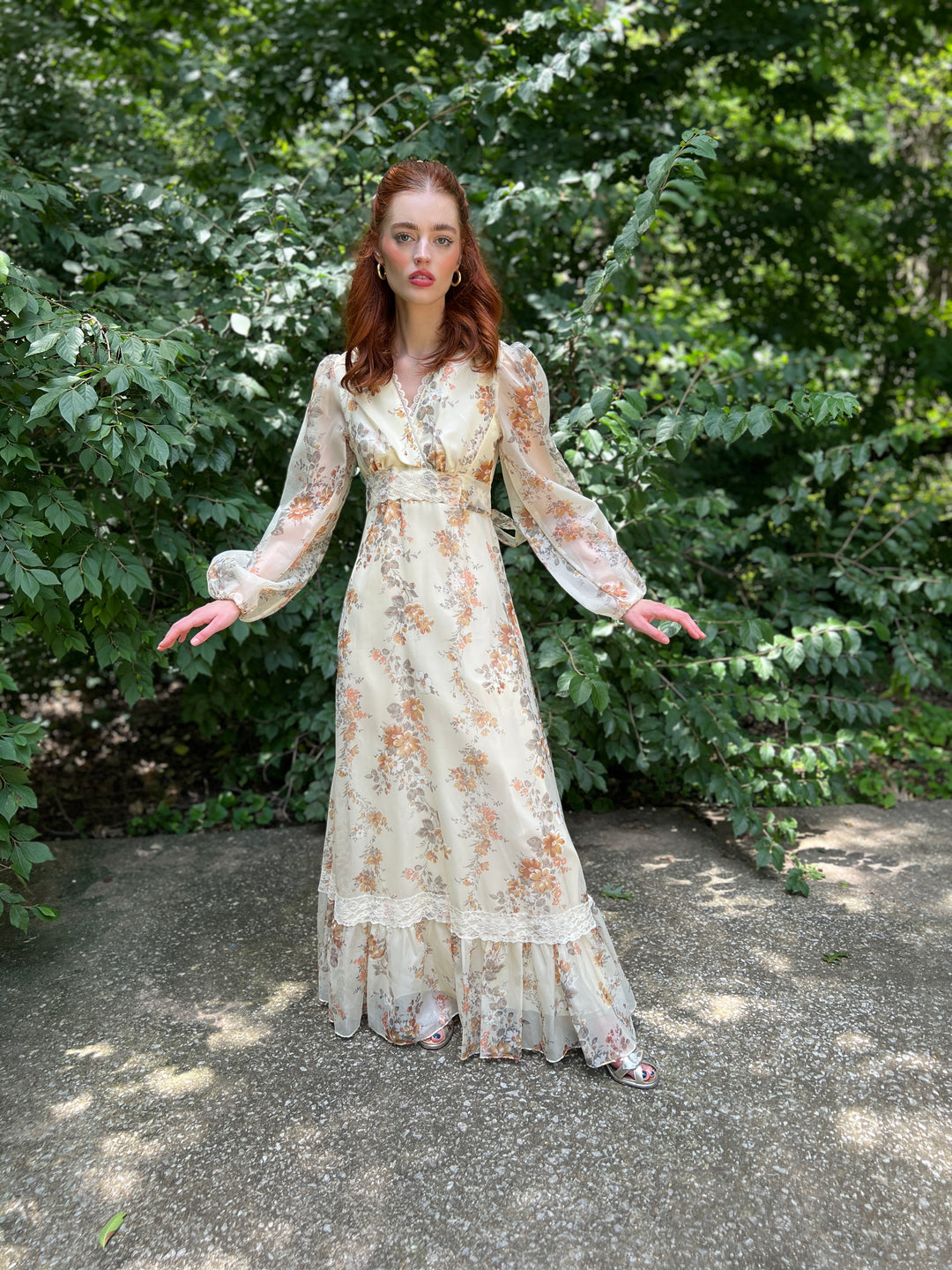 70s Gunne Inspired Cream Floral Nylon Maxi Dress