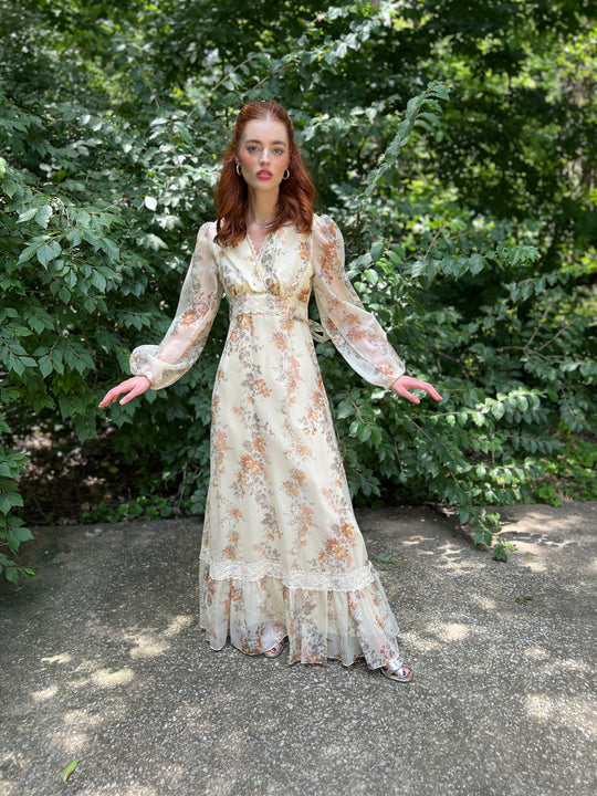 70s Gunne Inspired Cream Floral Nylon Maxi Dress