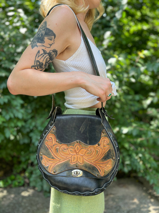 Vintage Black Tan Leather Tooled Saddle Bag Purse