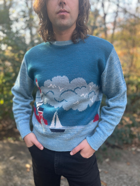 Mens 70s Blue Novelty Sweater with Lighthouse, Vintage Target Label