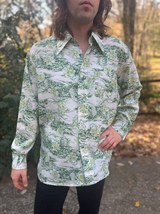 Men's 70s White Green Disco Shirt, Church Scene, Narratif's