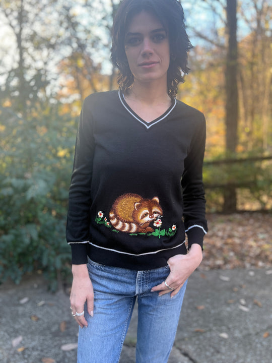 70s Vintage Black Novelty Sweater Raccoon, Adee