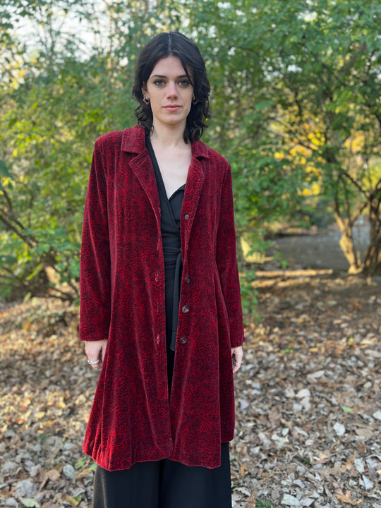 90s Red Black Velvet Floral Duster Coat