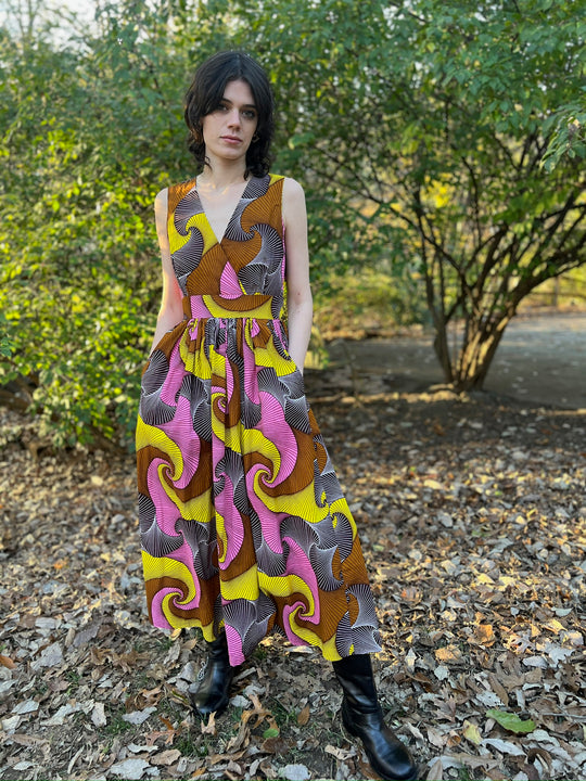 Yellow Brown Cotton Op Art Sleeveless Maxi Dress